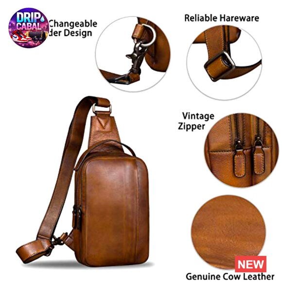Genuine Leather Sling Backpack Crossbody Bag Adjustable Strap
